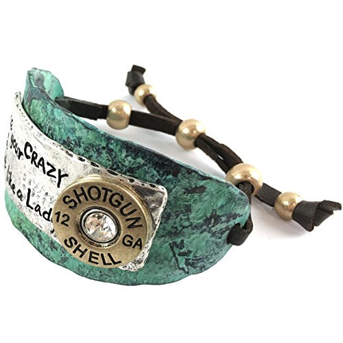 Western Peak Hammered Plate Hide Your Crazy Act Like a Lady 12 Gauge Shotgun Shell Leather Cuff Bracelet Necklace - color: Patina Blue
