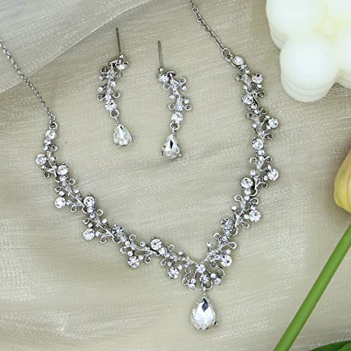 3Pcs Austrian Crystal Jewelry Set for Women, Necklace Dangle Earrings Link Bracelet Jewelry Set with Gold/Platinum/Gun Plated, Wedding Party Jewelry for Bridal Bridesmaid - color: White-Platinum Plated