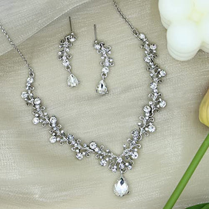 3Pcs Austrian Crystal Jewelry Set for Women, Necklace Dangle Earrings Link Bracelet Jewelry Set with Gold/Platinum/Gun Plated, Wedding Party Jewelry for Bridal Bridesmaid - color: White-Platinum Plated