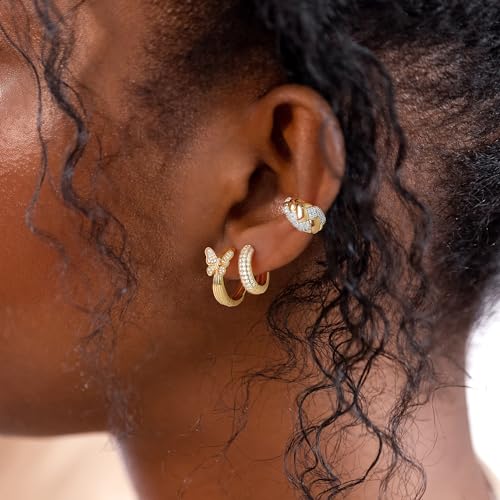 Women Gold Earrings Huggie Hoop Cubic Zirconia 14K Gold Plated Small Simple Hypoallergenic Everyday Jewelry - style: Chunky