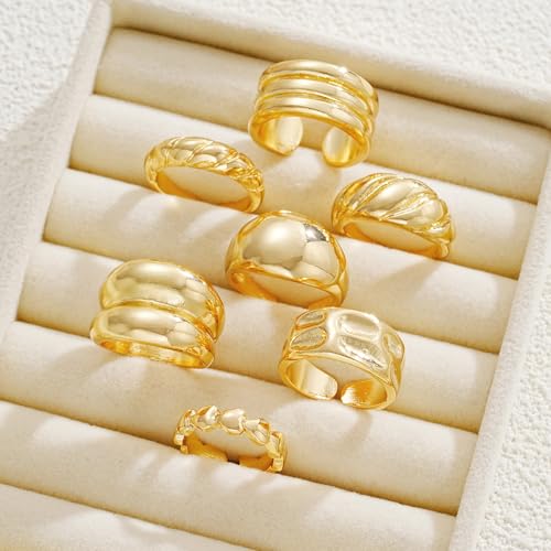 17 MILE Chunky Gold Stackable Rings for Women Non Tarnish, 18K Gold-Plated Statement Open Stacking Rings, Knuckle Band Ring Set - color: Gold 7 Pcs Open