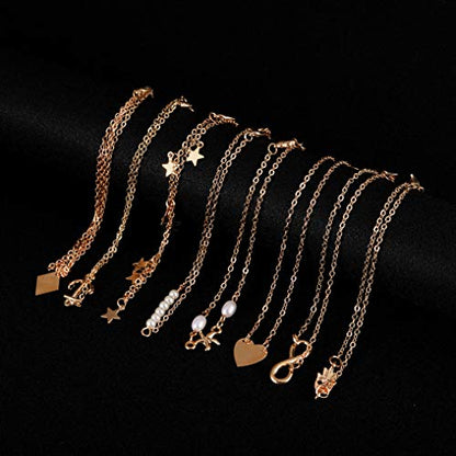 Softones 16Pcs Ankle Bracelets for Women Gold Silver Two Style Chain Beach Anklet Bracelet Jewelry Anklet Set,Adjustable Size - color: B:Gold