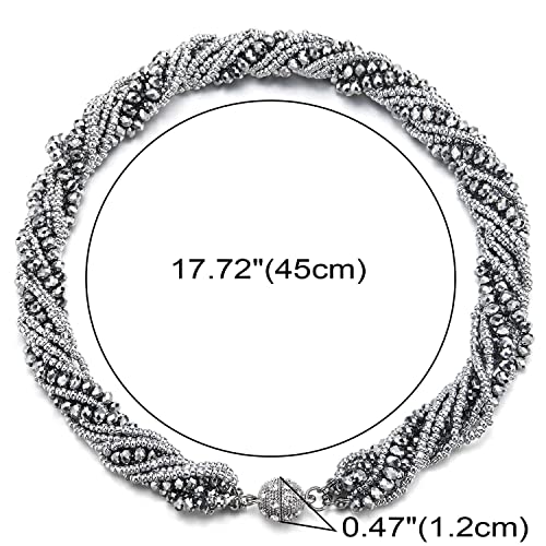 COOLSTEELANDBEYOND Multi-Layer Beads Crystal Braided Chain Choker Collar Magnetic Clasp,Statement Necklace, Bracelet - color: G1-Necklace Silver Color