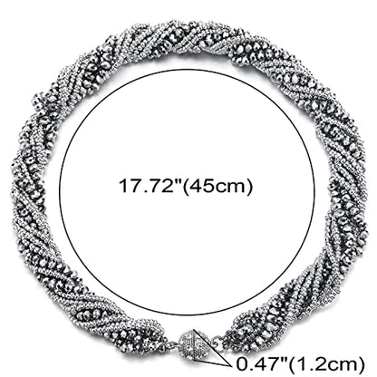 COOLSTEELANDBEYOND Multi-Layer Beads Crystal Braided Chain Choker Collar Magnetic Clasp,Statement Necklace, Bracelet - color: G1-Necklace Silver Color
