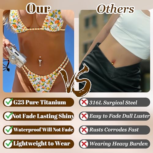 14G G23 Titanium Dangle Belly Button Ring for Women Dangling Belly Rings CZ Butterfly Teardrop Navel Rings Internally Threaded Curved Barbell Navel Piercing Jewelry - color: Silver-2