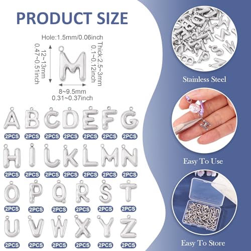 Beadthoven 52Pcs 26 Letter Charms Silver Stainless Steel Initial A-Z Alphabet Pendant Small Capital ABC Bubble Letter Metal Charms Cute Jewelry Accessory for DIY Necklace Earring Keychain Craft Making