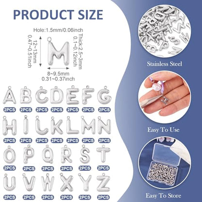 Beadthoven 52Pcs 26 Letter Charms Silver Stainless Steel Initial A-Z Alphabet Pendant Small Capital ABC Bubble Letter Metal Charms Cute Jewelry Accessory for DIY Necklace Earring Keychain Craft Making