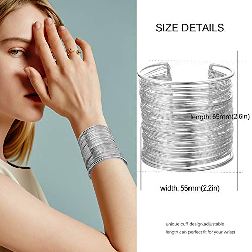 RIOSO 4 Pcs Cuff Bangle Bracelet for Women Open Wide Wire Bracelets Wrist Cuff Wrap Bracelet - color: Silver