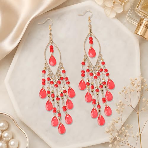 Boho Chandelier Earrings, Beaded Tasse Dangle Earring for Women, Red, Black, Blue, White, Colorful Long Earrings - color: Red