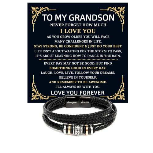 To My GrandSon Bracelet – Love You Forever Braided Leather Bracelet, Meaningful GrandSon Gift from Grandpa & Grandma with Heartfelt Message Card & Elegant Gift Box for Birthday, Christmas - color: Version#5