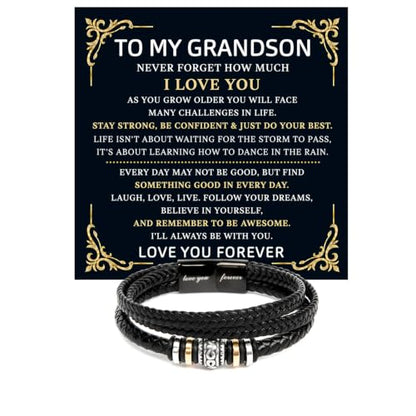 To My GrandSon Bracelet – Love You Forever Braided Leather Bracelet, Meaningful GrandSon Gift from Grandpa & Grandma with Heartfelt Message Card & Elegant Gift Box for Birthday, Christmas - color: Version#5