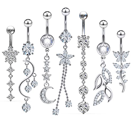 7PCS 14G 10mm Stainless Steel Dangle Belly Button Rings for Women Belly Piercing CZ Inlaid - style: Silver-B