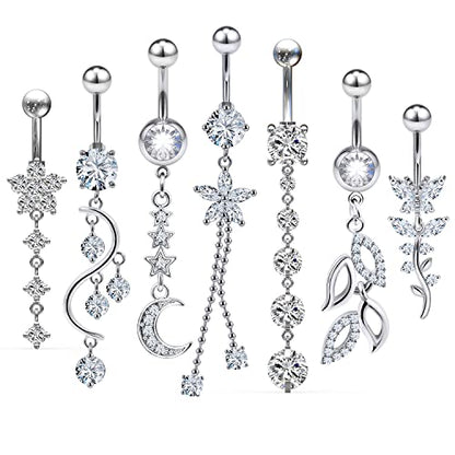 7PCS 14G 10mm Stainless Steel Dangle Belly Button Rings for Women Belly Piercing CZ Inlaid - style: Silver-B