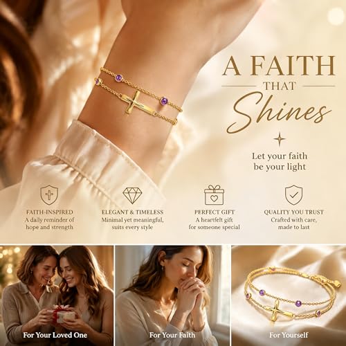Midari 18K Yellow Gold Gemstone Birthstone Anklet Bracelet Cross Jewelry with 12 Months Birthstone Birthday Gifts for Women Wife Her Daughter Mom - color: 02-Feb-Amethyst, size: Bracelet 7"-9"