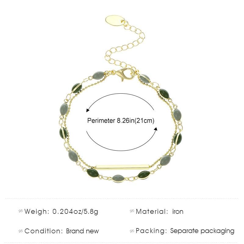 Green Blue Oval Stone Inlay Bar Accent Double Chain Link Bracelet For Women Dainty Minimalist Fashion Adjustable Layering Gold Color Chic