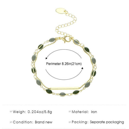 Green Blue Oval Stone Inlay Bar Accent Double Chain Link Bracelet For Women Dainty Minimalist Fashion Adjustable Layering Gold Color Chic