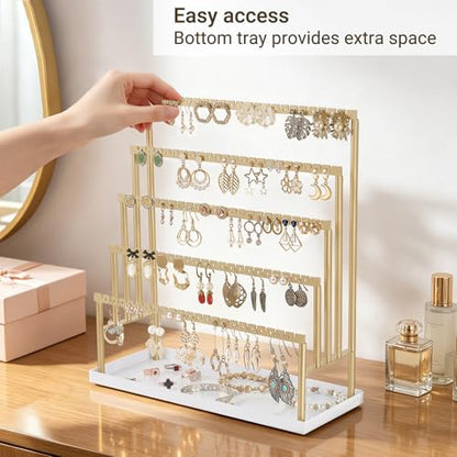 Mkono 5-Tier Earring Holder Organizer, Gold Jewelry Display Stand with Tray | 112 Pairs Ear Stud Hanger, Storage Bracelet Rings ,Anti-Tip Metal Rack, Vanity & Counter Use, Home Room Decor, Gift for Women