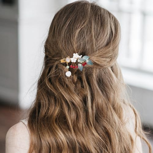 A Pair Wedding Hair Clips, Handmade Floral Design Crystal Hair Clips Pearl Barrettes, Rhinestones Flower Clips Pearl Headpieces Hair Pins Hair Accessories for Women Girls (Blue&Red) - color: Blue&Red