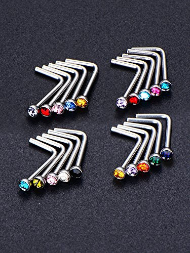 Mudder 20 Pieces Curved Nose Stud Stainless Steel Nose Ring Crystals L Bend Nose Screw Piercing, 20 Gauge - color: Classic Colors