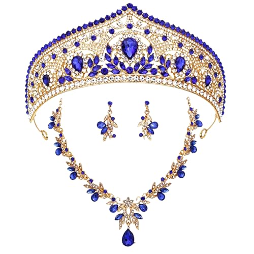 Princess Tiara Crown and Jewelry Sets for Women Wedding Rhinestone Crystal Tiaras and Crowns with Necklace Earrings Party Birthday Accessories - color: Gold Blue