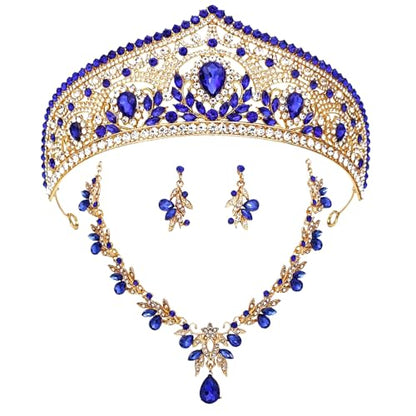 Princess Tiara Crown and Jewelry Sets for Women Wedding Rhinestone Crystal Tiaras and Crowns with Necklace Earrings Party Birthday Accessories - color: Gold Blue