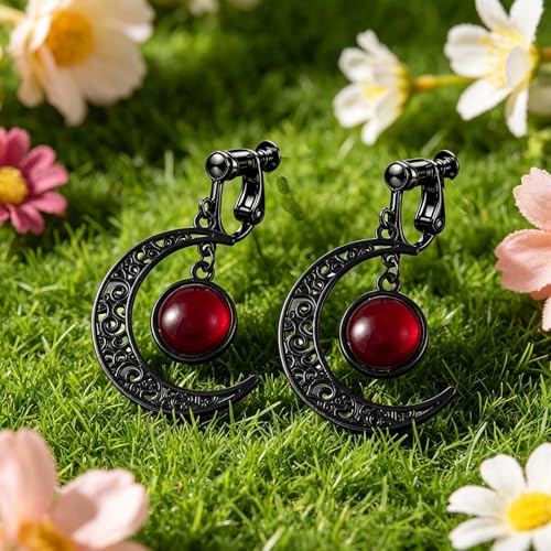 Gothic Moon Clip On Earrings for Women Black Filigree Dangle Moon Earrings Halloween Witch Earring Colorful Crystal Vampire Earring Accessories Halloween Jewelry Gifts - color: Red