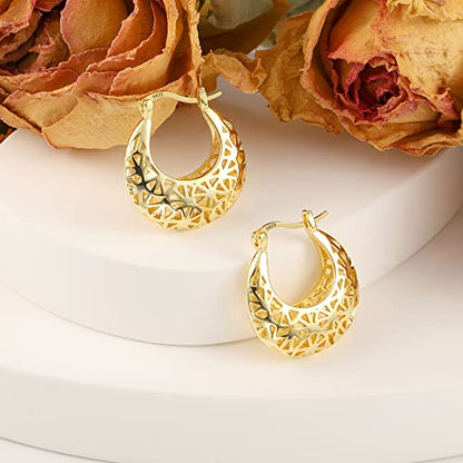 ALEXCRAFT Gold Filigree Hoop Earrings for Women 14K Gold Plated Medium Size Hypoallergenic Statement Earring | 14K Gold Plated Medium Size Hypoallergenic Earring