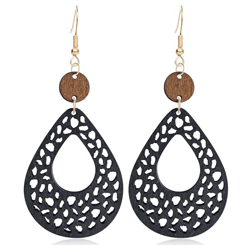 NONQL Handmade Lightweight Bohemian Retro Hollow Wooden Round Earrings Boho Big Teardrop Oval Circle Dangle Earrings for Women Statement Geometric Jewelry