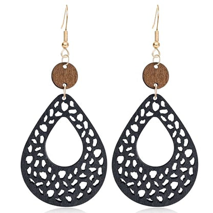 NONQL Handmade Lightweight Bohemian Retro Hollow Wooden Round Earrings Boho Big Teardrop Oval Circle Dangle Earrings for Women Statement Geometric Jewelry