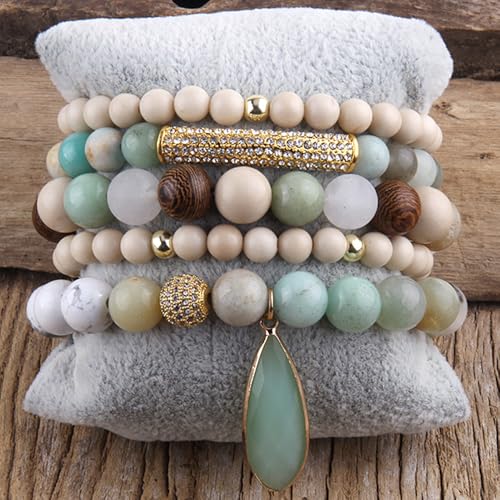 Yomisa Boho Beaded Bracelets/Bangle for Women,Multilayer 5/6/7PCS Healing Natural Handmade Stone Bead Bracelets Stackable Stretch Friendship Beaded Bracelet Set Trendy Western Bohemian Jewelry Gift - color: 5pcs-Beige&green