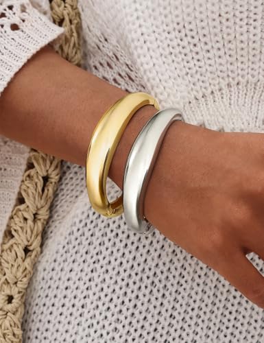 Chunky Gold Bangles Bracelets for Women Trendy Stack Statement Bangle Irregular Cuff Bracelets Fashion Jewelry Gift - color: Gold1+Silver1