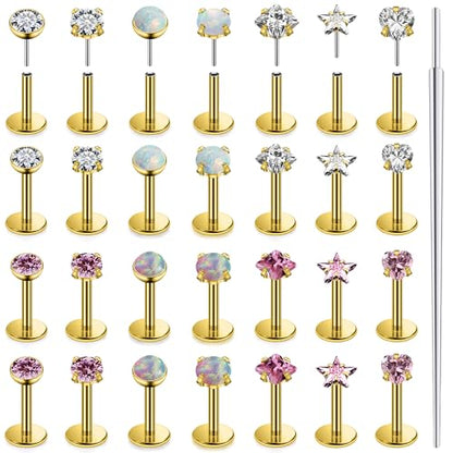 Vsnnsns 14K Gold Plated 16G 18G 20G Threadless Nose Rings Studs Flat Back Earrings Stainless Steel Tragus Helix Conch Earrings Stud Snake Bite Lip Rings Labret Medusa Piercing Jewelry for Women Men - color: 14K Gold Plated-18G-10MM Bar Lenght