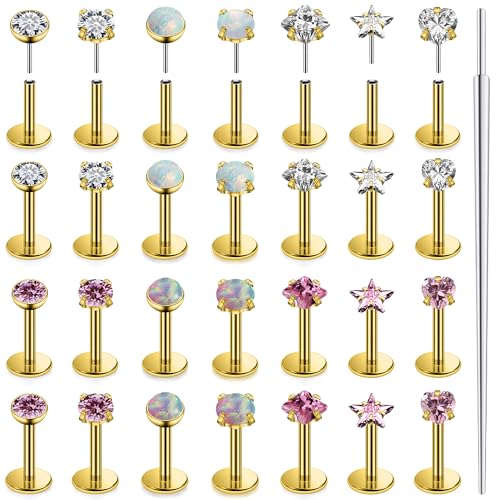 Vsnnsns 14K Gold Plated 16G 18G 20G Threadless Nose Rings Studs Flat Back Earrings Stainless Steel Tragus Helix Conch Earrings Stud Snake Bite Lip Rings Labret Medusa Piercing Jewelry for Women Men - color: 14K Gold Plated-20G-6MM Bar Lenght