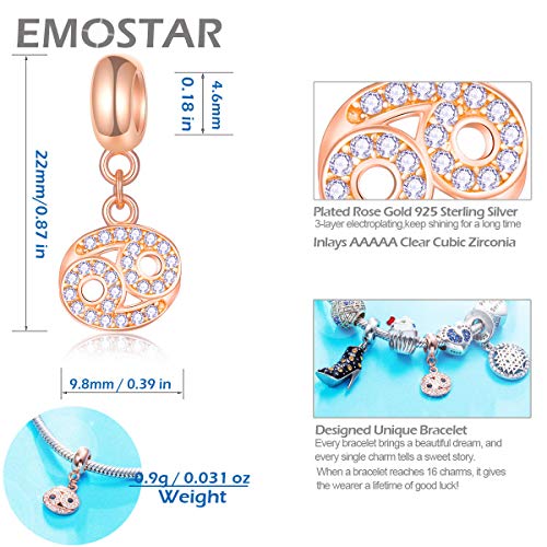 EMOSTAR Zodiac Sign Charms fits European Charm Bracelet – Rose Gold 925 Sterling Silver Necklace Pendant, 12 Horoscope Constellation Dangle CZ Birthstone Beads, Gifts for Women/Men/Birthday - color: Cancer (6.21 – 7.22)