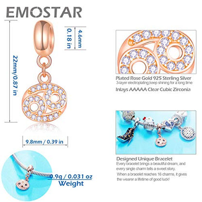 EMOSTAR Zodiac Sign Charms fits European Charm Bracelet – Rose Gold 925 Sterling Silver Necklace Pendant, 12 Horoscope Constellation Dangle CZ Birthstone Beads, Gifts for Women/Men/Birthday - color: Cancer (6.21 – 7.22)