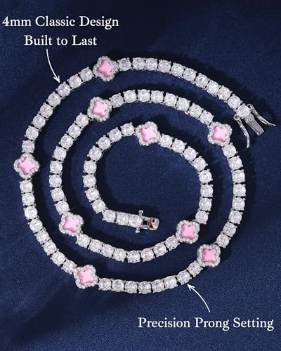 LuxeFlex 4mm Iced Out Four Leaf Tennis Chain,White Gold Plated with 5A Zircon Stones, exquisite Handmade Hip Hop Bling Necklace Perfect Unisex Jewelry Gift - color: White Gold-Pink, size: 16 INCH
