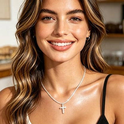Layered Plated Silver Cross Necklace Sparkle Chain Dainty Jewelry for Women - color: D-Style
