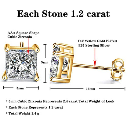 925 Sterling Silver Stud Earrings 4 Prong Princess Cut Square Cubic Zirconia Ear Stud for Women Men CZ 4mm-7mm - style: Yellow Gold--2.40cttw (5mm)
