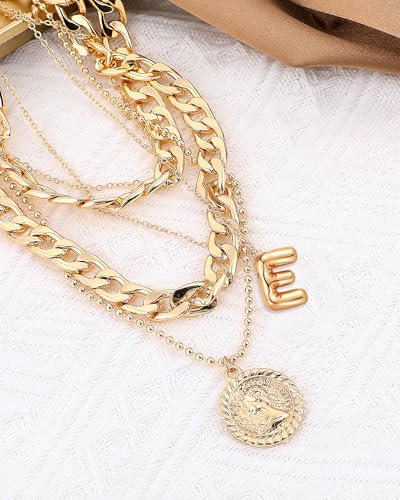MJartoria Layered Necklaces for Women Trendy Balloon Initial Coin Pendant Necklace Dainty Chunky Chain Choker Necklaces Jewelry Birthday Gifts - color: Gold, style: E