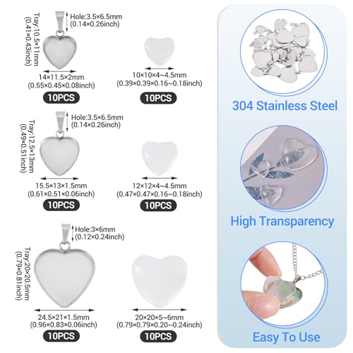Craftdady Stainless Steel Pendant Cabochon Settings Heart Square Teardrop Flat Round Oval Rectangle Blank Bezel Trays Base Pendant with Glass Cabochons for DIY Earrings Necklace Jewelry - color: Stainless Steel Color Heart 3 Styles