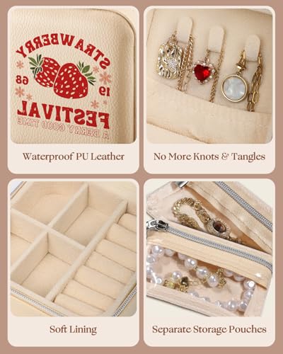Bistup Travel Jewelry Case - Small Jewelry Organizers and Storage Box for Women Girls Teens Cute Traveling Jewelry Holder with Mirror Little Tiny Compact Strawberry Modern Unique Aesthetic Pretty - style: Strawberry