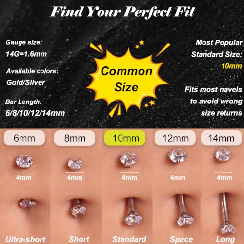 14G Small Belly Button Rings for Women 316L Stainless Steel | Tiny Internally Threaded Navel Rings, Rook Piercing Jewelry, Eyebrow Rings, Hypoallergenic Curved Barbells, 6-16MM, 5PCS - color: 14G/10MM Bar/Silver