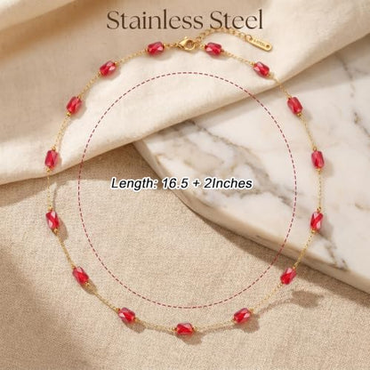 RINHOO Dainty Beaded Necklace for Women 18K Gold Plated Stainless Steel Colorful Blue Pink Choker Boho Choker Necklace Jewelry Gift for Women - color: Style 2-Red