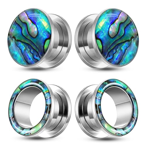 2 Pairs Abalone Pearl Shell Stainless Steel Ear Gauges Plugs and Tunnels, Size 2g - 1 inch Hypoallergenic Surgical Steel Ear Stretcher Expander Body Jewelry - color: BO1651 Silver, size: 6 mm (2g)