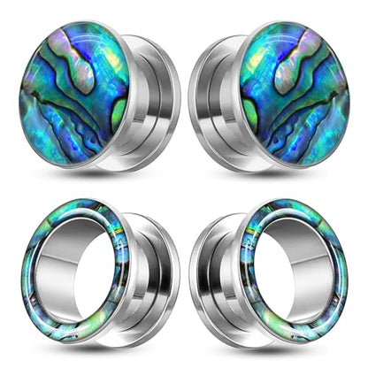 2 Pairs Abalone Pearl Shell Stainless Steel Ear Gauges Plugs and Tunnels, Size 2g - 1 inch Hypoallergenic Surgical Steel Ear Stretcher Expander Body Jewelry - color: BO1651 Silver, size: 6 mm (2g)
