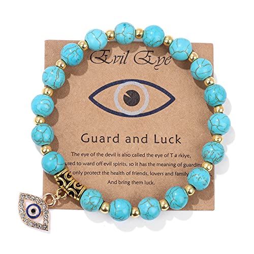 Evil Eye Bracelet for Women Men Natural Stone Beads Handmade Bracelet Inspirational Bracelet with Gift Message Card Kabbalah Protection Good Luck Jewelry Gift - color: Turquoise
