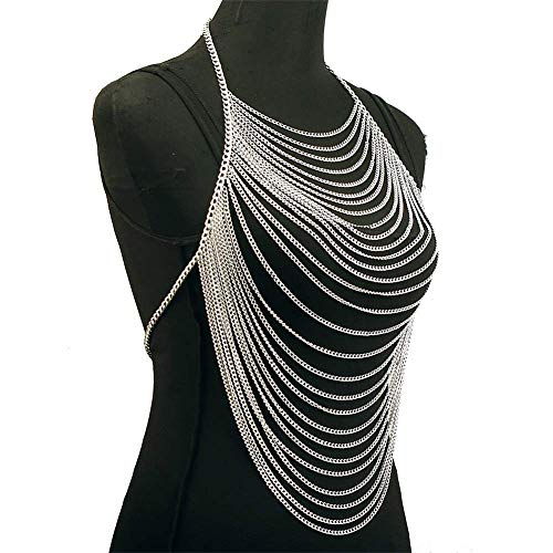 CHRAN Multi-Layer Body Chain Necklace, Gold Metal Chain Halter Top Jewelry, Sexy Chest Chain Accessory for Women - color: silver