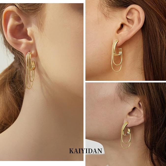 2 Pairs Gold/Silver Hoop Earrings For Women Set Trendy,14K Plated Gold Chunky Huggie Hoop Earings Pack,Oval Twisted Statement Silver Hoops,Fashion Jewelry Gift - color: 21) chain hoops