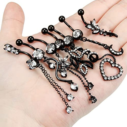 7PCS 14G 10mm Stainless Steel Dangle Belly Button Rings for Women Belly Piercing CZ Inlaid - style: Black-B