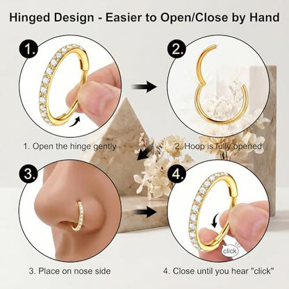 Staligue Nose Hoop ring - 316L Surgical Steel Nose Ring 16/18/20G Hinged Diamond Nose Ring Hoop Septum Clicker Rings Cartilage Earring Helix Rook Tragus Daith Piercing Jewelry for Women 6MM/8MM/10MM/12MM - color: Gold, size: 20G-6MM